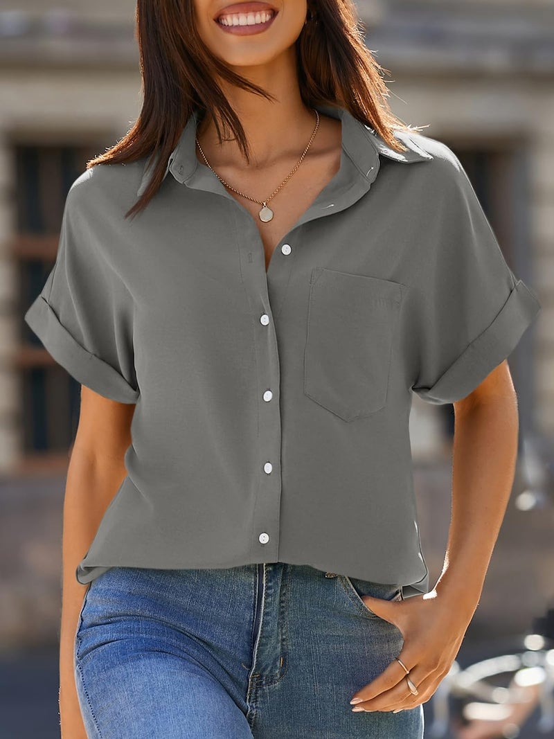 Beautife Womens Short Sleeve Shirts V Neck Collared Button Down Shirt Tops with Pockets (Medium, Grey) - Image 3